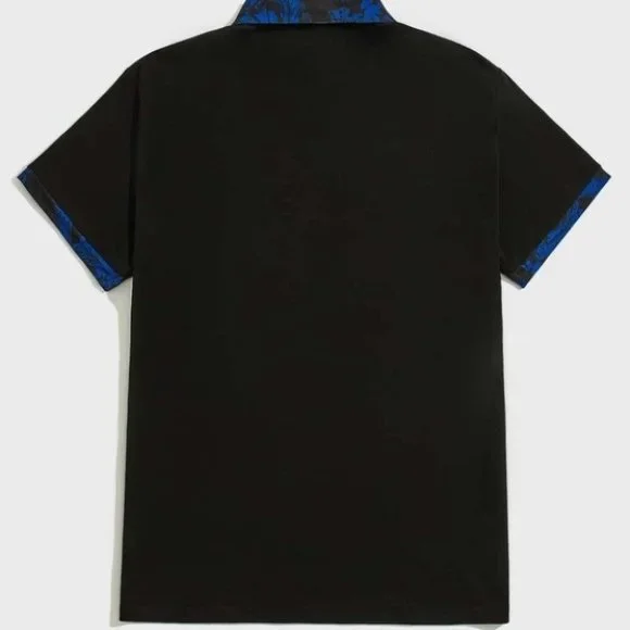 Black Casual Men's Tropical Print Polo Shirt - Picture 2 of 4